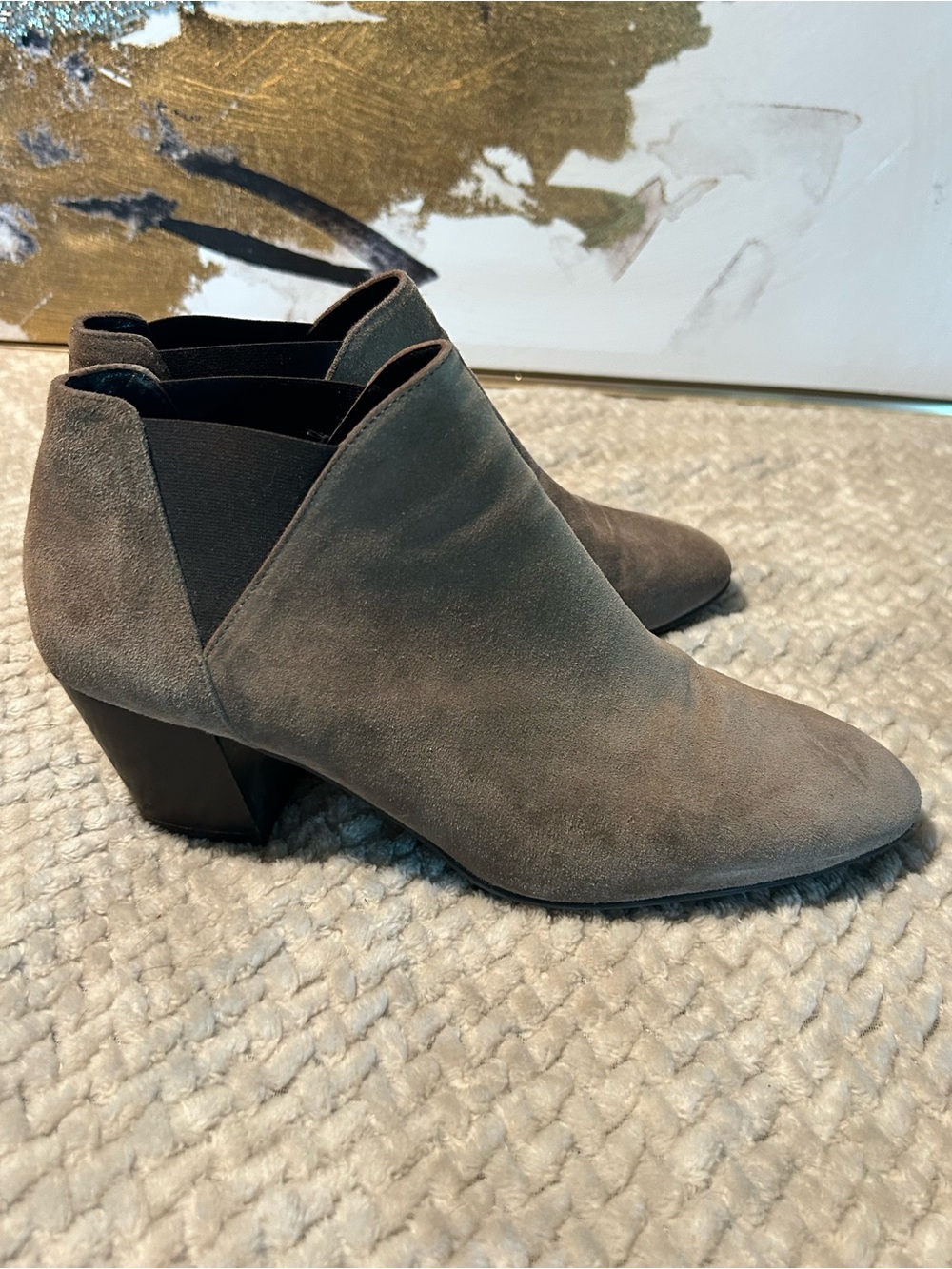 Aquatalia Grey Suede Ankle Booties with Block Heel